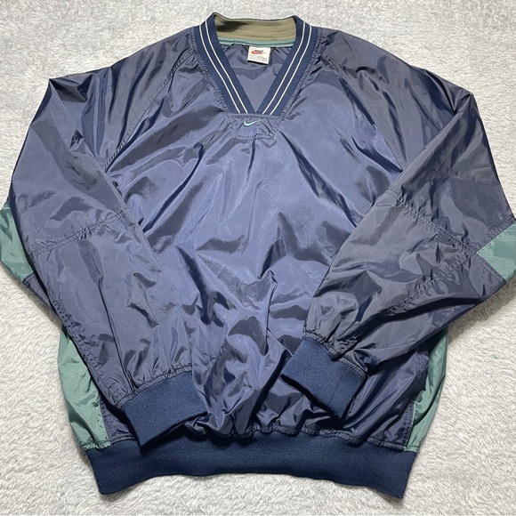 VNTNike Pullover Men Size L Navy Blue Green Vintage V-Neck Windbreaker Swoosh - Picture 2 of 10